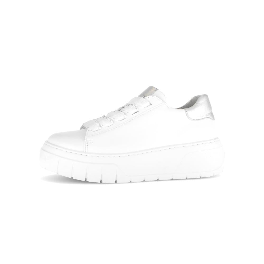 Gabor Rios Ladies White Leather Lace-Up Trainers, chunky sole, sporty casual footwear for women.