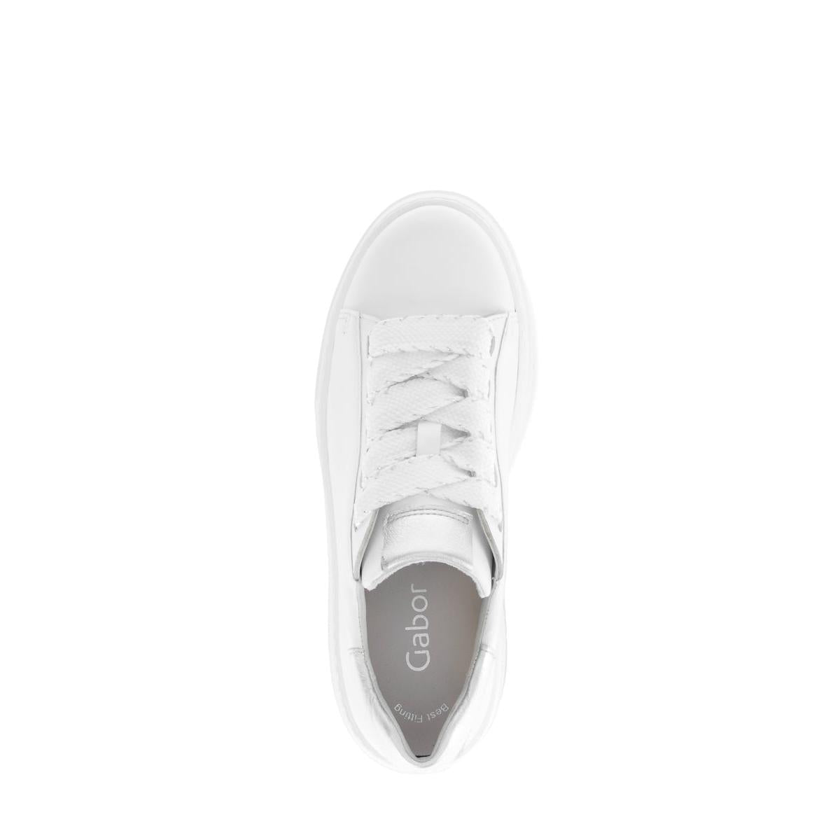 White leather lace-up trainers for women, Gabor 63.222.21 Rios style, sporty casual sneaker with clean design and chunky sole.