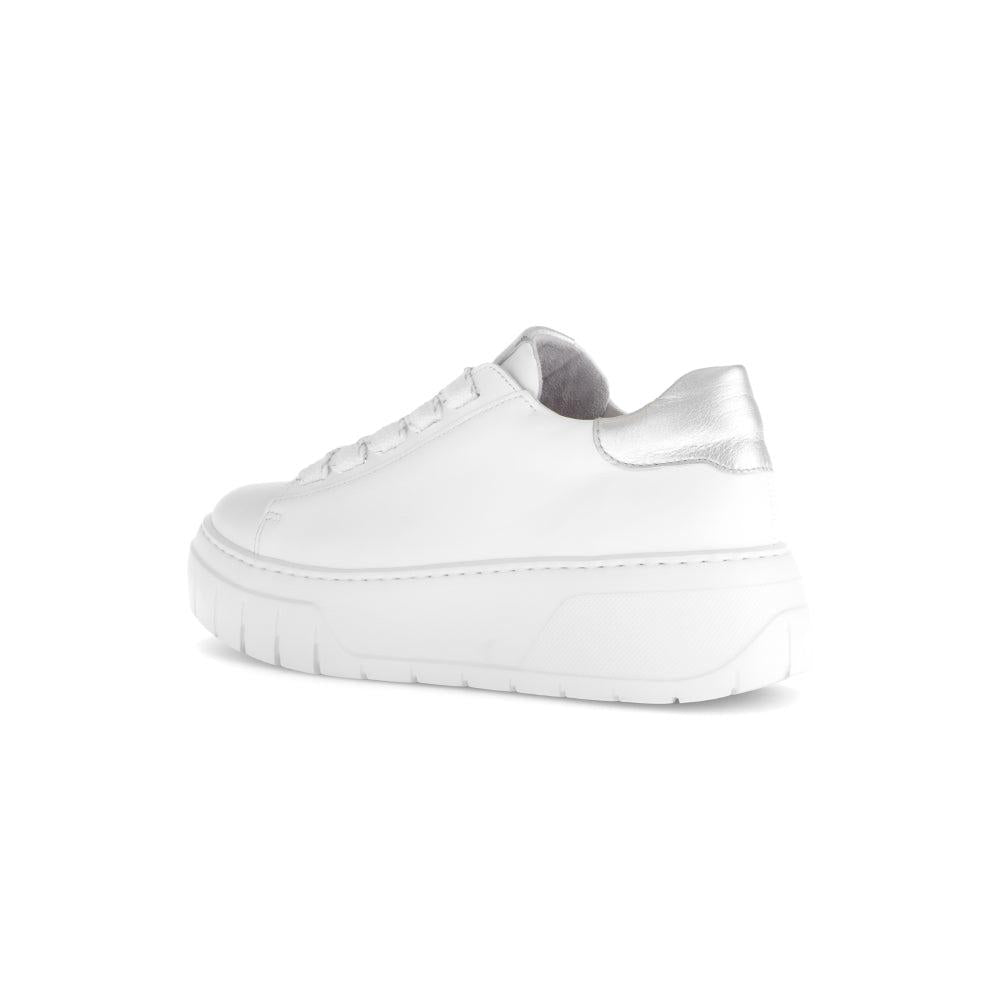 Gabor Rios women's white leather lace-up trainers with silver heel detail and chunky sole.