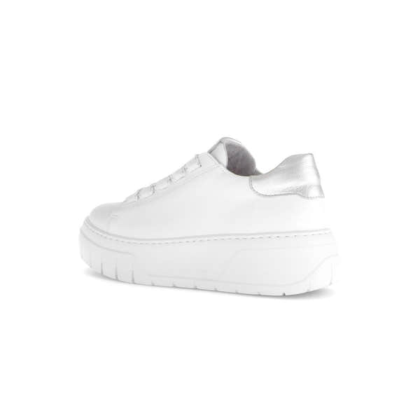 Gabor Rios women's white leather lace-up trainers with silver heel detail and chunky sole.