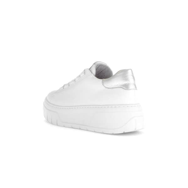 Gabor Rios women's white leather lace-up trainer with metallic heel detail and chunky sole.