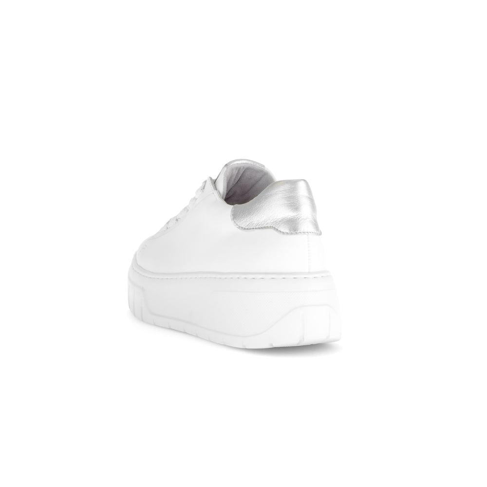 Gabor Rios Women's White Leather Lace-Up Trainers with Silver Heel Detail, casual sporty footwear.