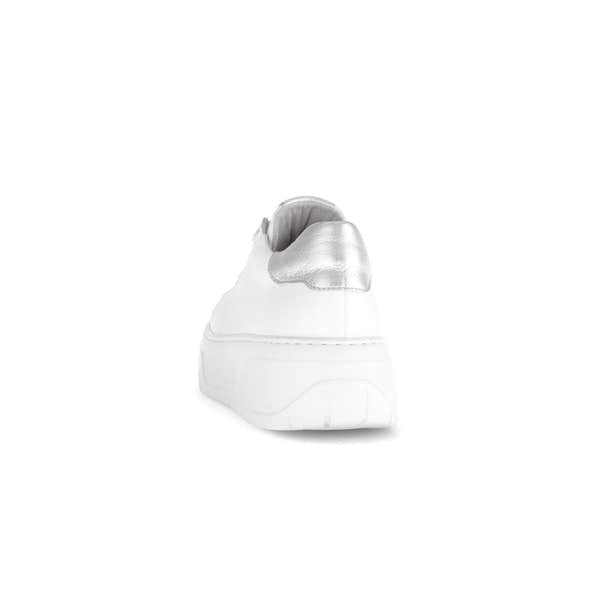 Gabor Rios women's white leather lace-up trainers with silver accents, chunky sole, stylish and comfortable footwear.