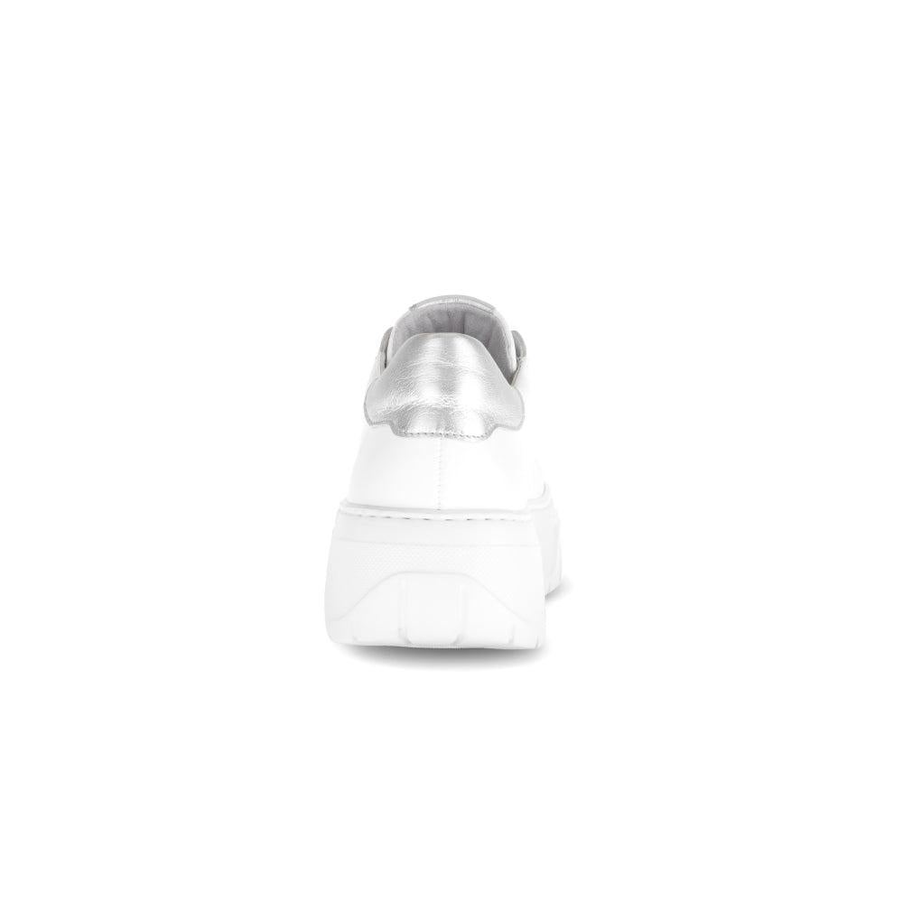 Gabor Rios Women's White Leather Lace-Up Trainers with Silver Back Detail, chunky sole, stylish casual footwear.