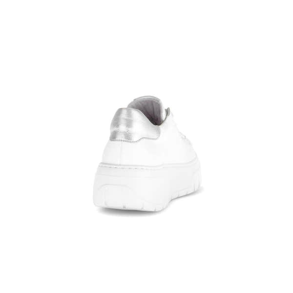 Gabor Rios ladies white leather lace-up trainers with chunky soles and silver metallic heel detail.