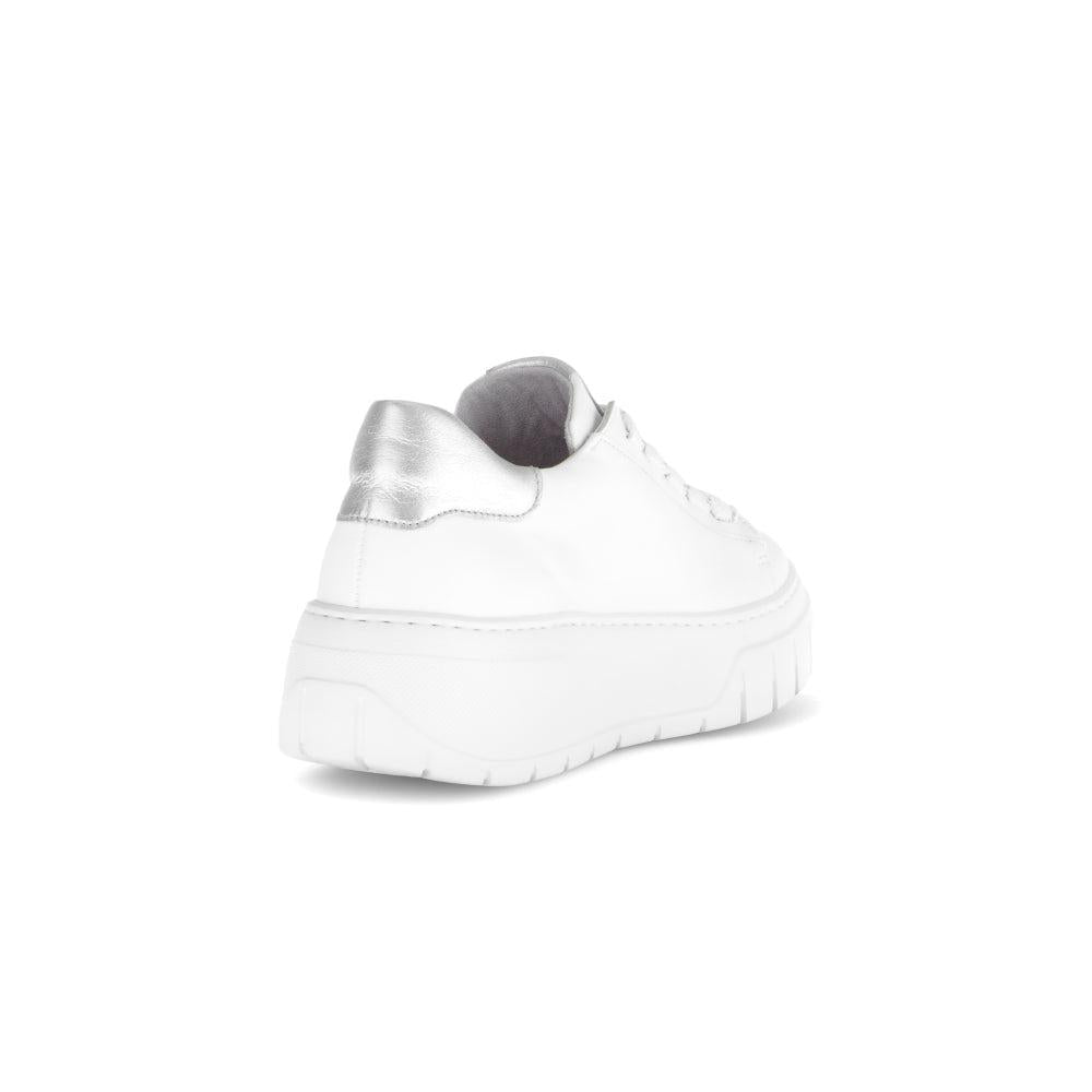 Gabor Rios Ladies White Leather Lace-Up Trainers with chunky sole and metallic silver heel detail.