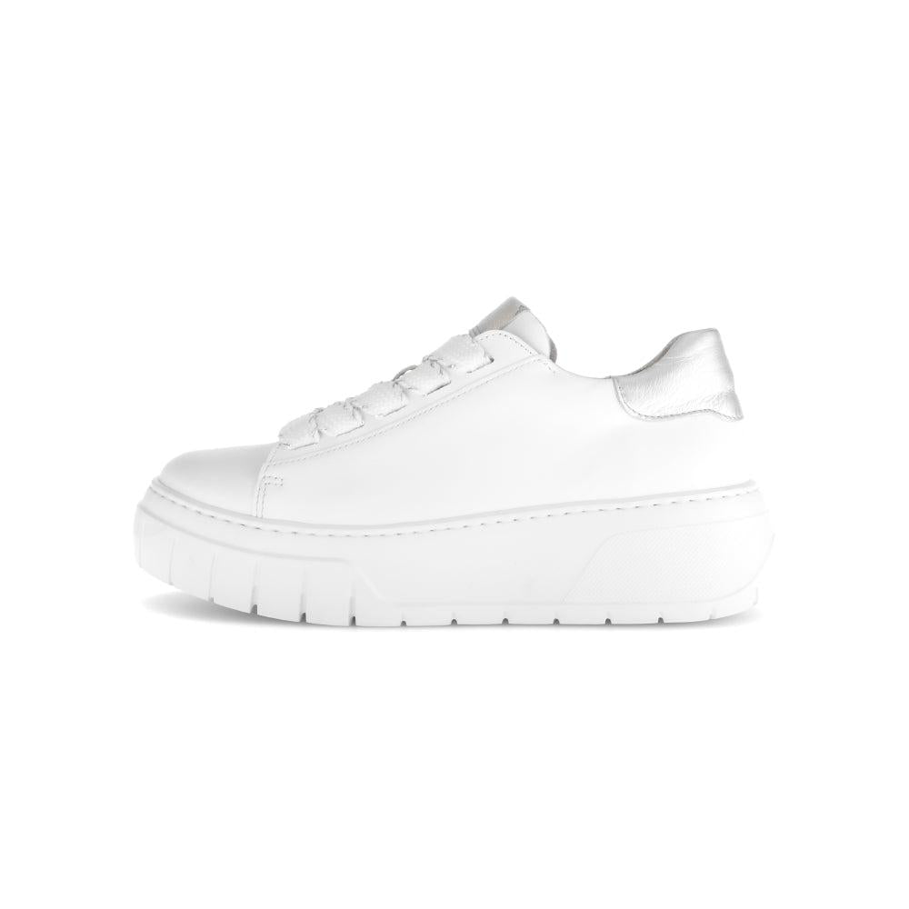 Gabor Rios Women's White Leather Lace-Up Trainers with Chunky Sole and Metallic Heel Detail