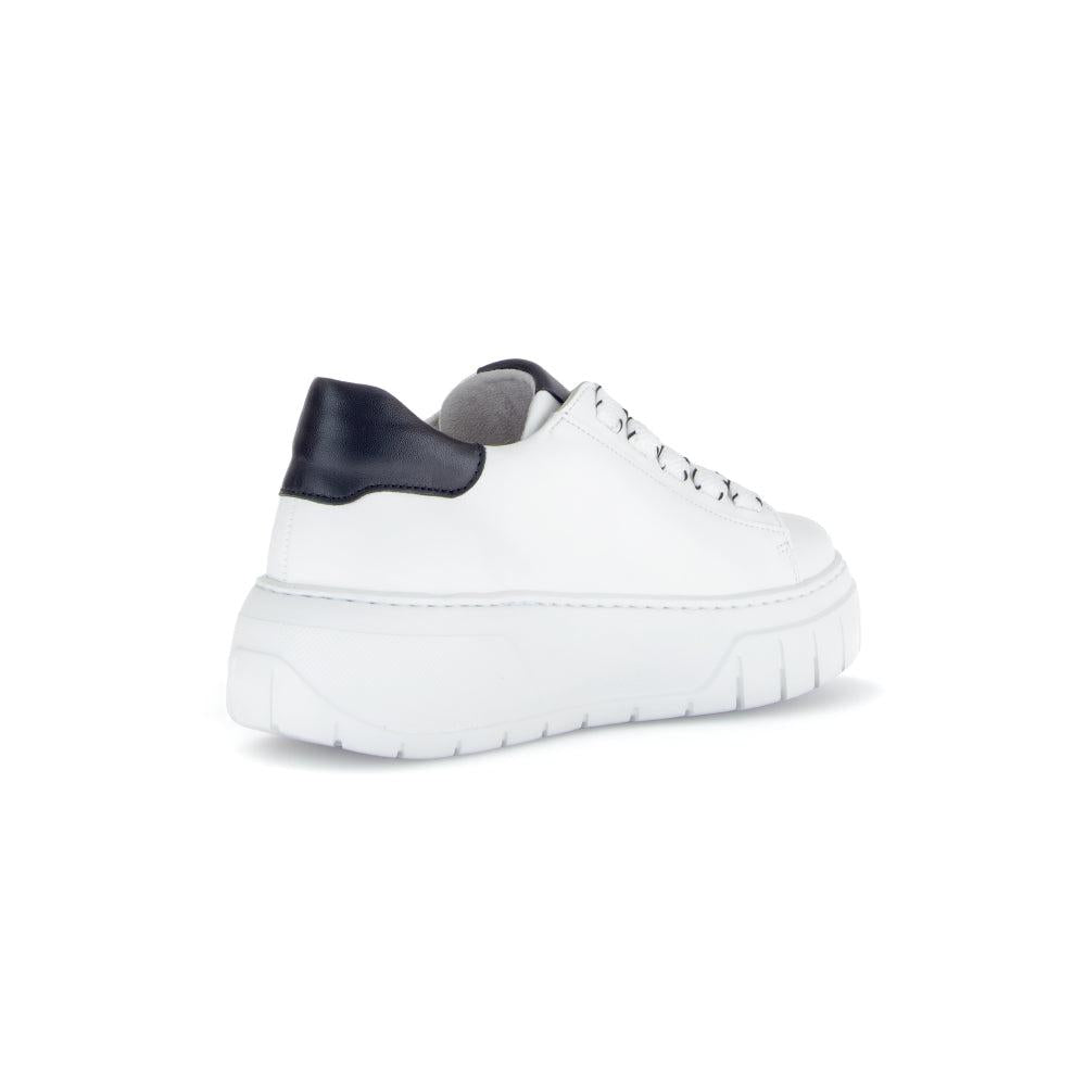 Gabor Ladies White Leather Lace-Up Trainers with Black Heel Tab, chunky sole, and stylish design.