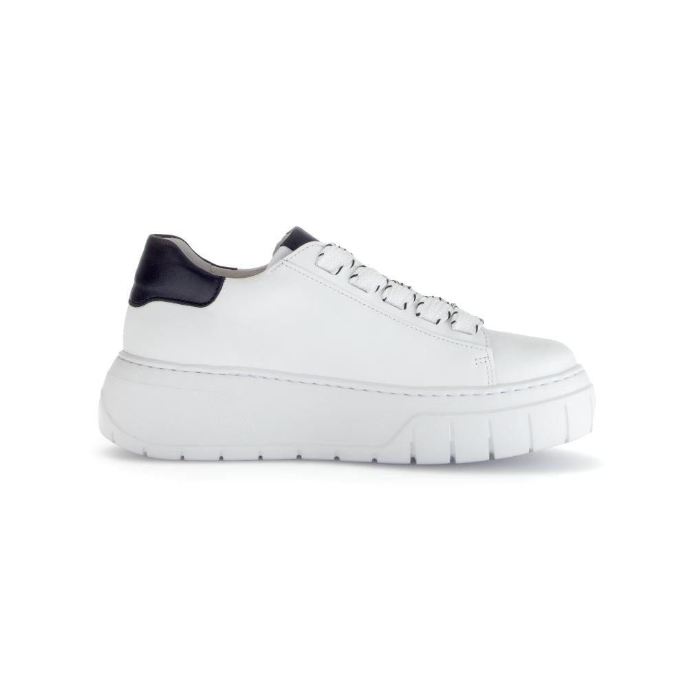 Gabor Rios women's white leather lace-up trainers with black heel accents and chunky sole.