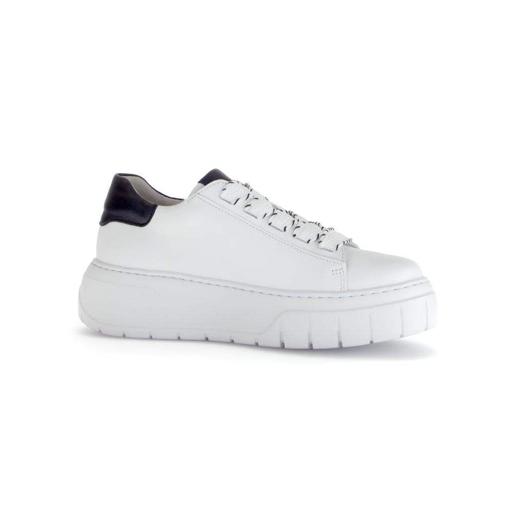 Gabor Rios Women's White Leather Lace-Up Trainers with Chunky Sole and Black Heel Accent.