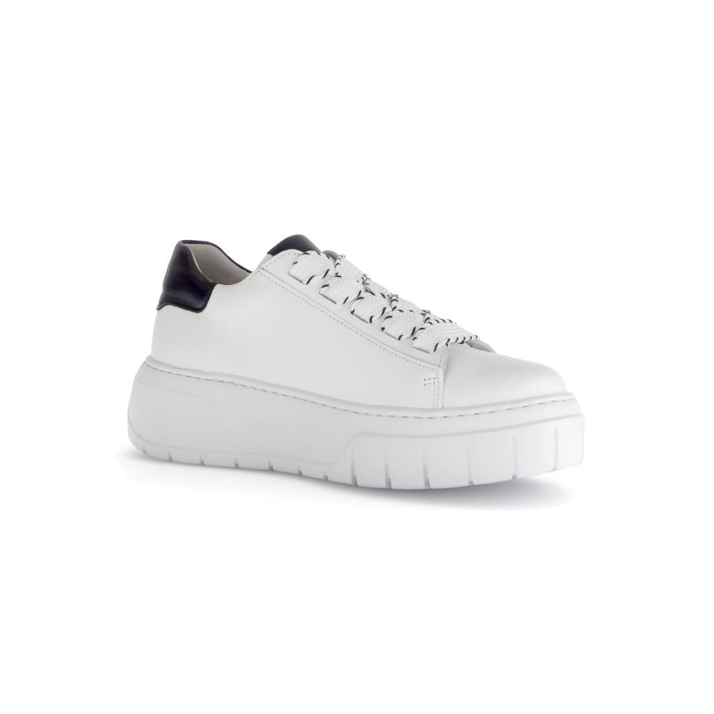 Gabor 63.222.27 Rios women's white leather lace-up trainers with chunky sole and black heel detail.