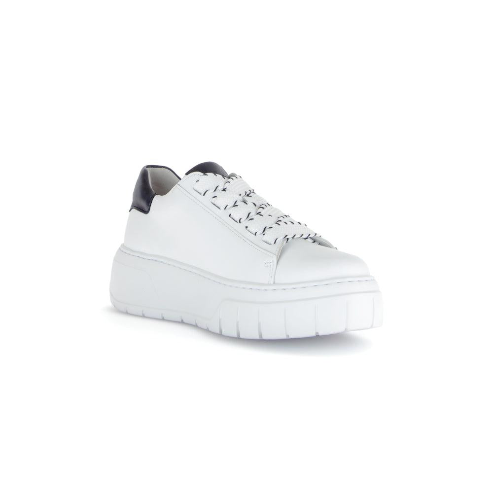Gabor Ladies White Leather Lace-Up Trainers with black heel detail, chunky sole, stylish and comfortable footwear.