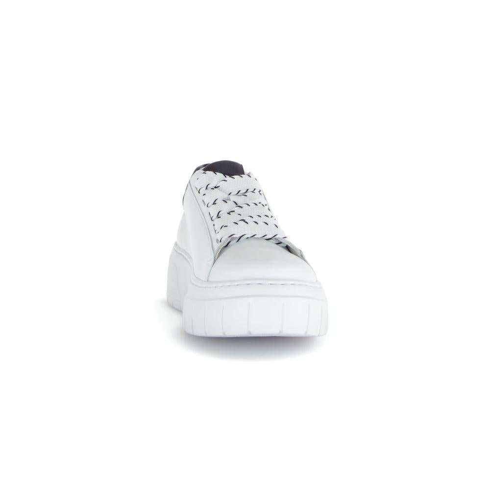 Gabor Rios Women's White Leather Lace-Up Trainers with Chunky Sole and Black and White Twisted Laces.