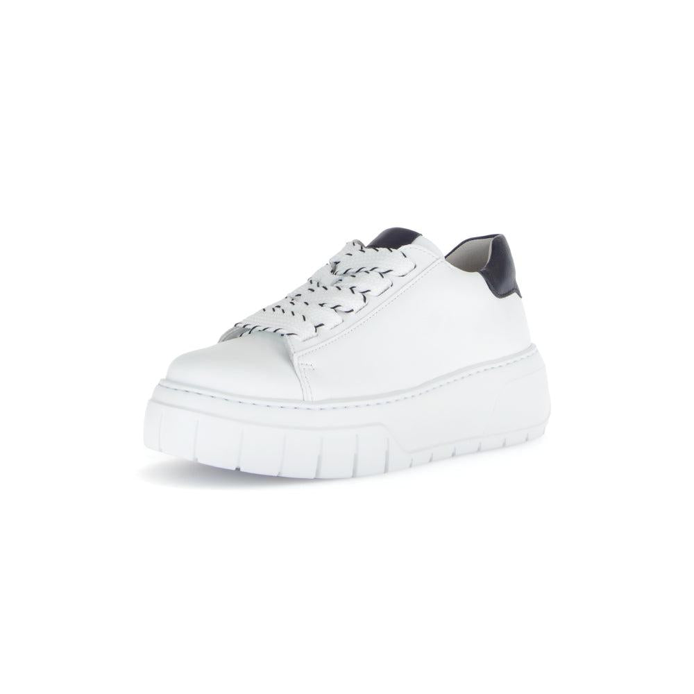Gabor women's white leather lace-up trainers with chunky sole and black heel detail.