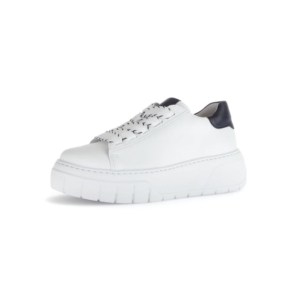 Gabor Rios women's white leather lace-up trainers with chunky sole and black heel detail.