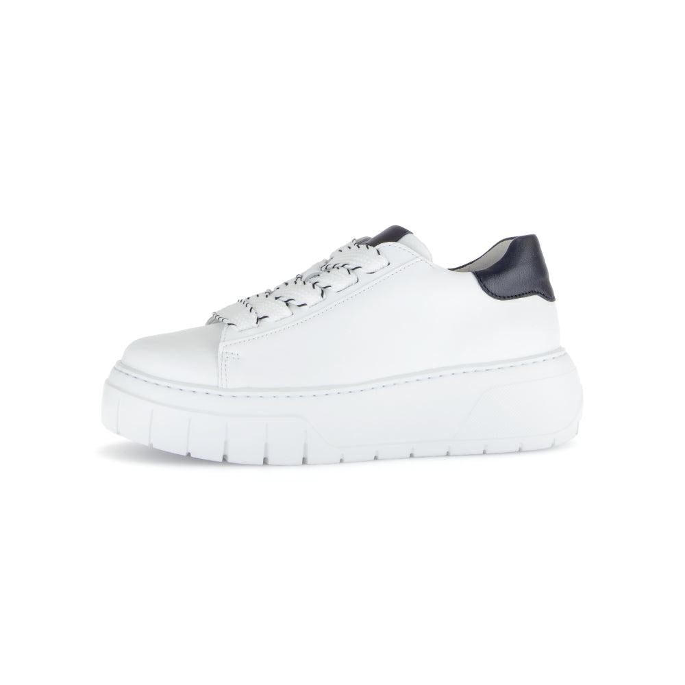 Gabor Ladies White Leather Lace-Up Trainers with Chunky Sole and Black Heel Accent