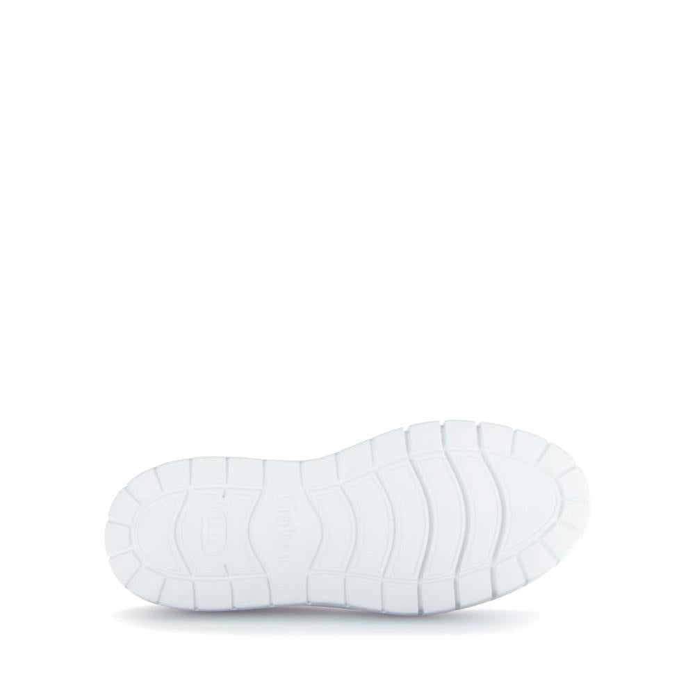 Gabor Ladies White Leather Lace-Up Trainers with cushioned sole and sporty design.