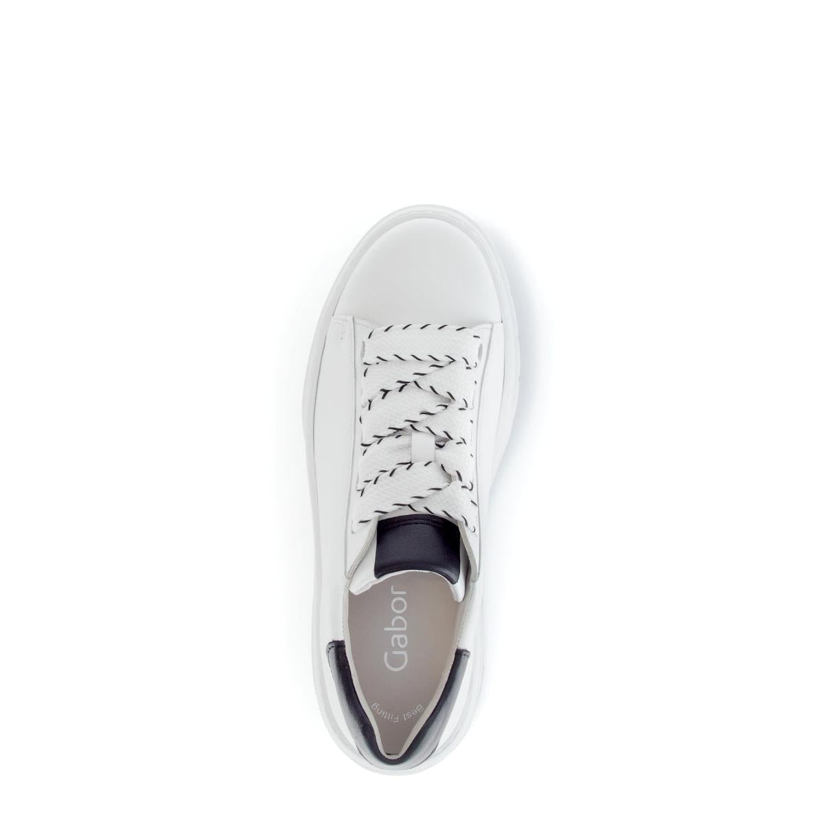 Gabor Rios women's white leather lace-up trainers with black and white striped laces, cushioned insole, and chunky sole.