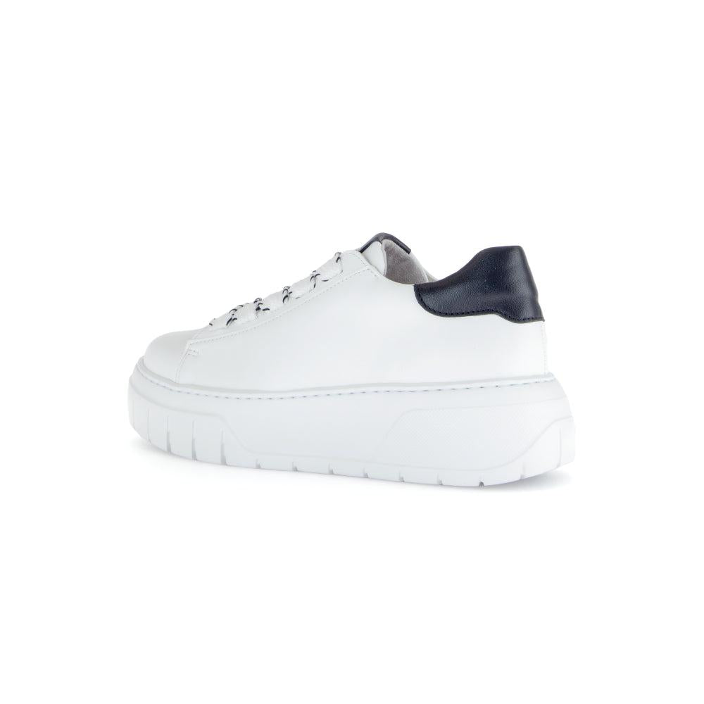 Gabor Rios women's white leather lace-up trainers with black heel detail, chunky sole, stylish and comfortable footwear.