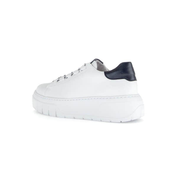 Gabor Rios women's white leather lace-up trainers with black heel detail, chunky sole, stylish and comfortable footwear.