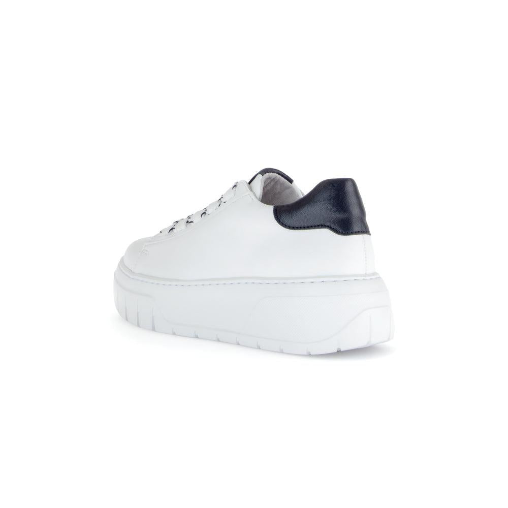 Gabor Rios women's white leather lace-up sneakers with black heel detail, chunky sole, stylish casual footwear.