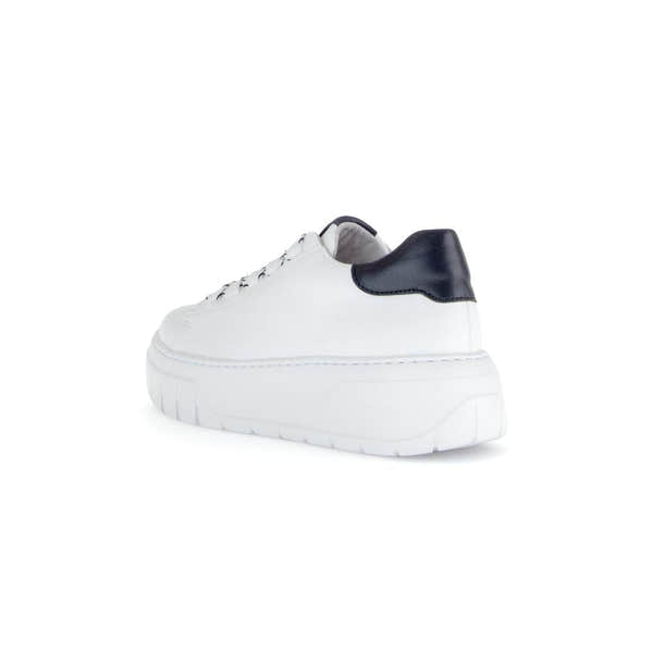 Gabor Rios women's white leather lace-up sneakers with black heel detail, chunky sole, stylish casual footwear.