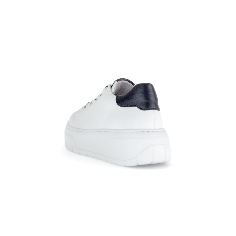 Gabor Rios ladies white leather lace-up trainers with black heel detail.