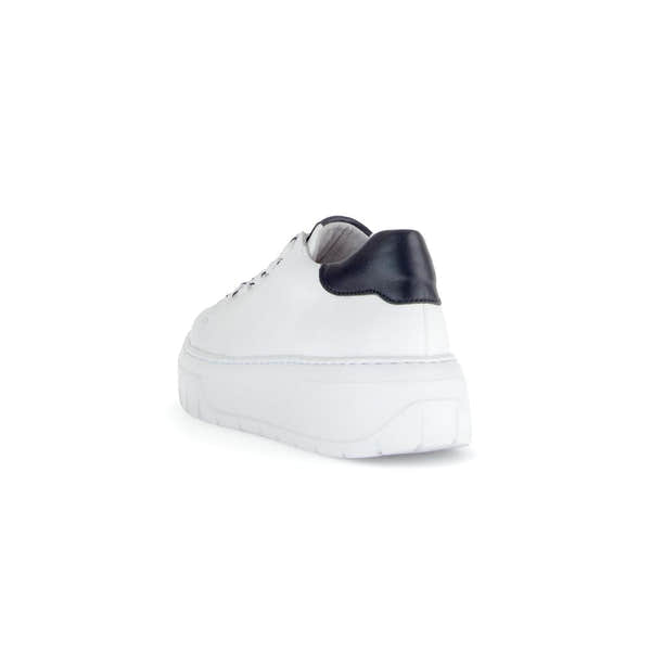 Gabor Rios ladies white leather lace-up trainers with black heel detail.