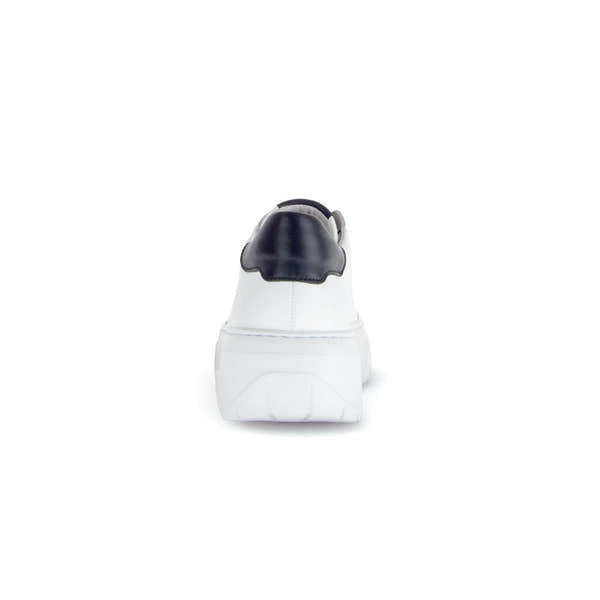 Gabor Rios Ladies White Leather Lace-Up Trainers, back view, chunky sole, stylish black heel tab.