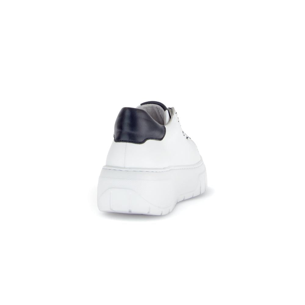 Gabor 63.222.27 Rios women's white leather lace-up trainers with black heel detail, chunky sole, stylish casual footwear.