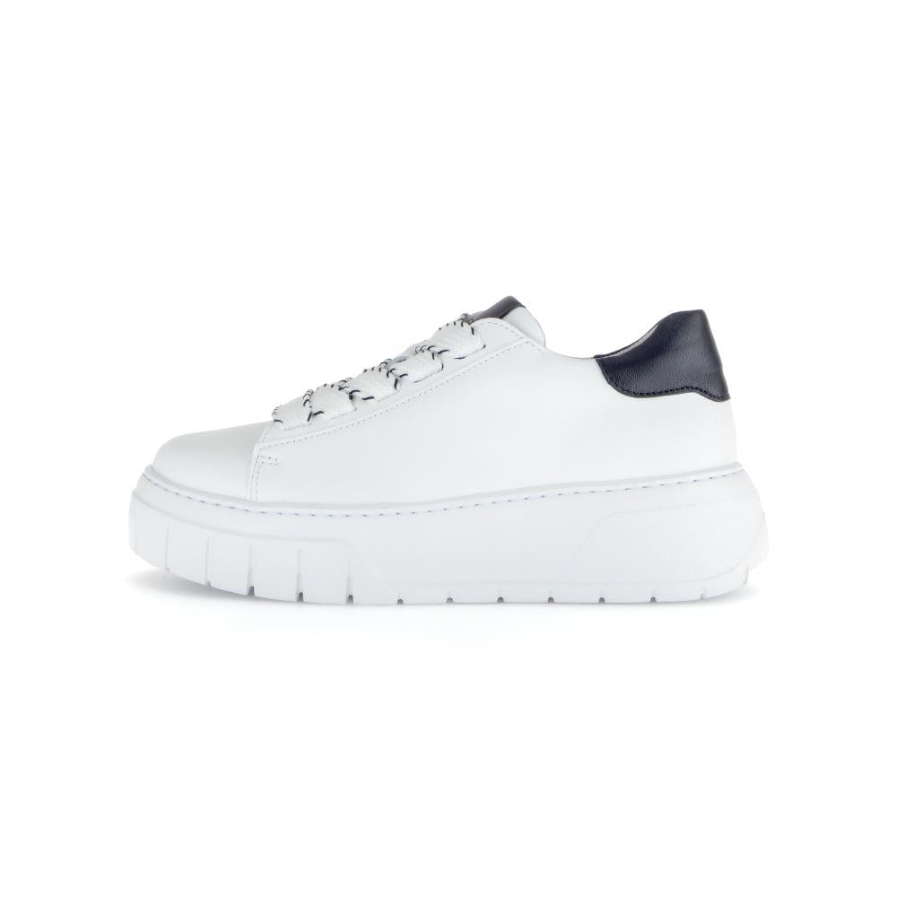 Gabor women's white leather lace-up trainers with black heel detail and chunky sole.