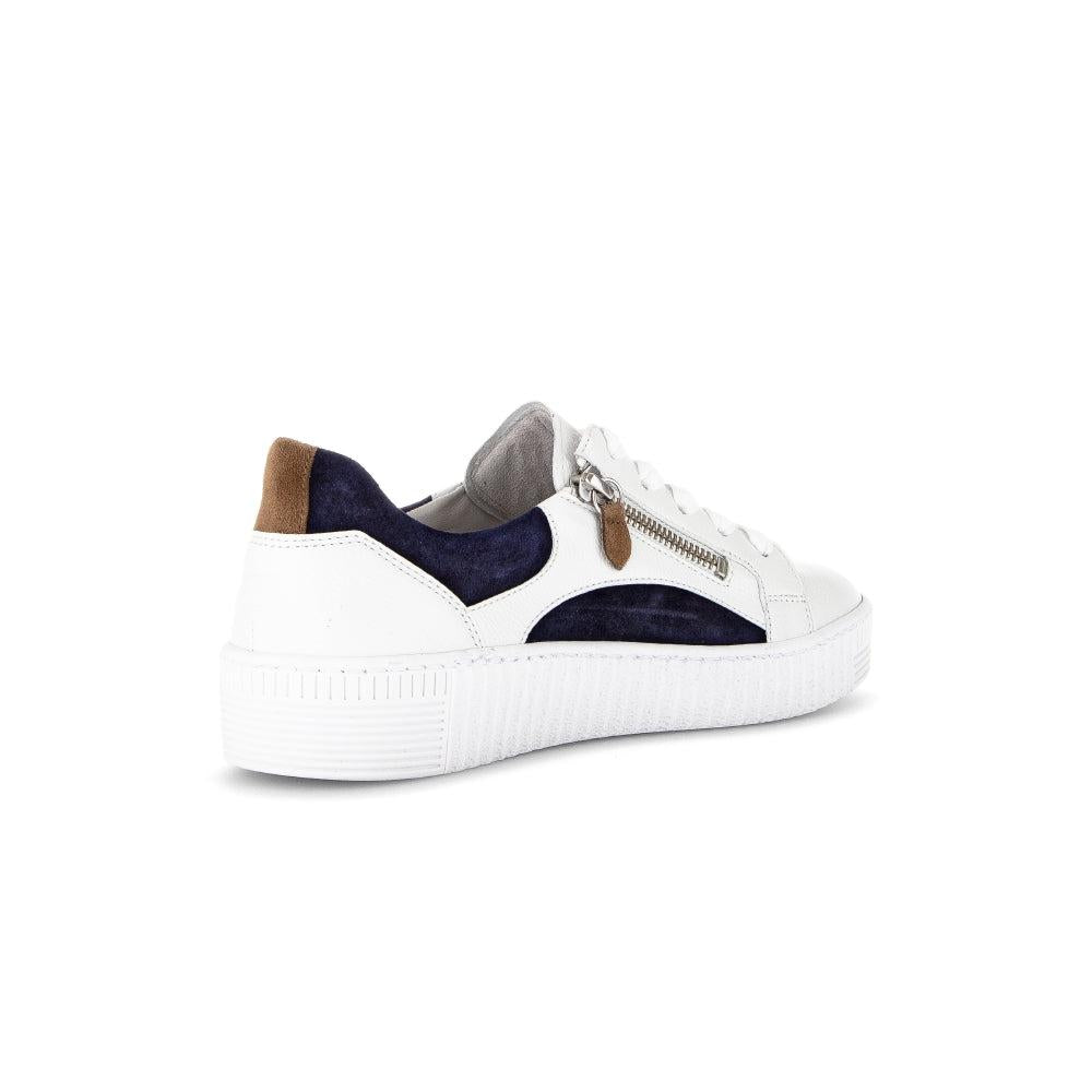 Gabor Wemo Ladies Multi Leather Sneakers with zip, lace-up design, contrasting navy, grey, and brown accents, and chunky white sole.