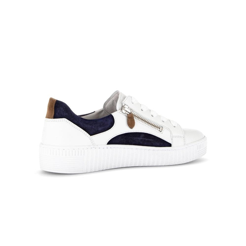 Gabor Wemo Ladies Multi Leather Trainers with zip and lace-up closure, navy, white, gray, and brown accents, chunky sole.