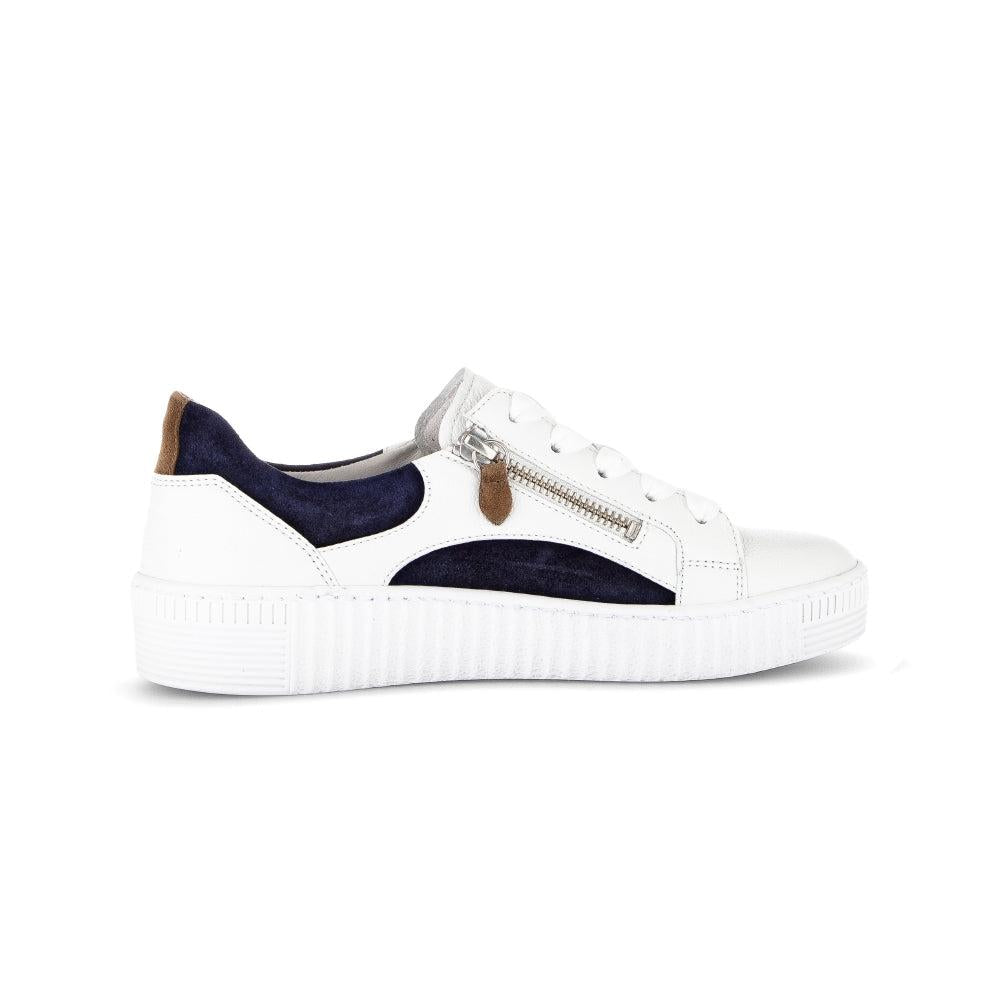 Gabor Wemo Ladies Leather Sneakers with Zip, Lace Details, White and Navy, Casual Platform Trainers.