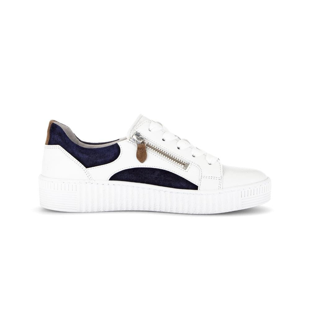 Gabor Wemo Ladies Multi Leather Sneakers with side zipper, lace-up design, white and navy color, casual athletic style.