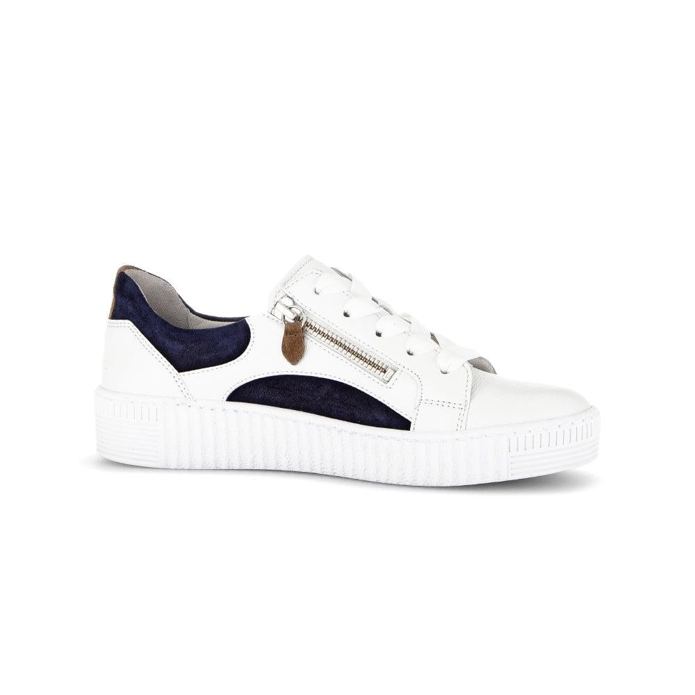 Gabor Wemo Ladies' white leather trainers with navy accents, zip and lace-up closures, and chunky platform sole.
