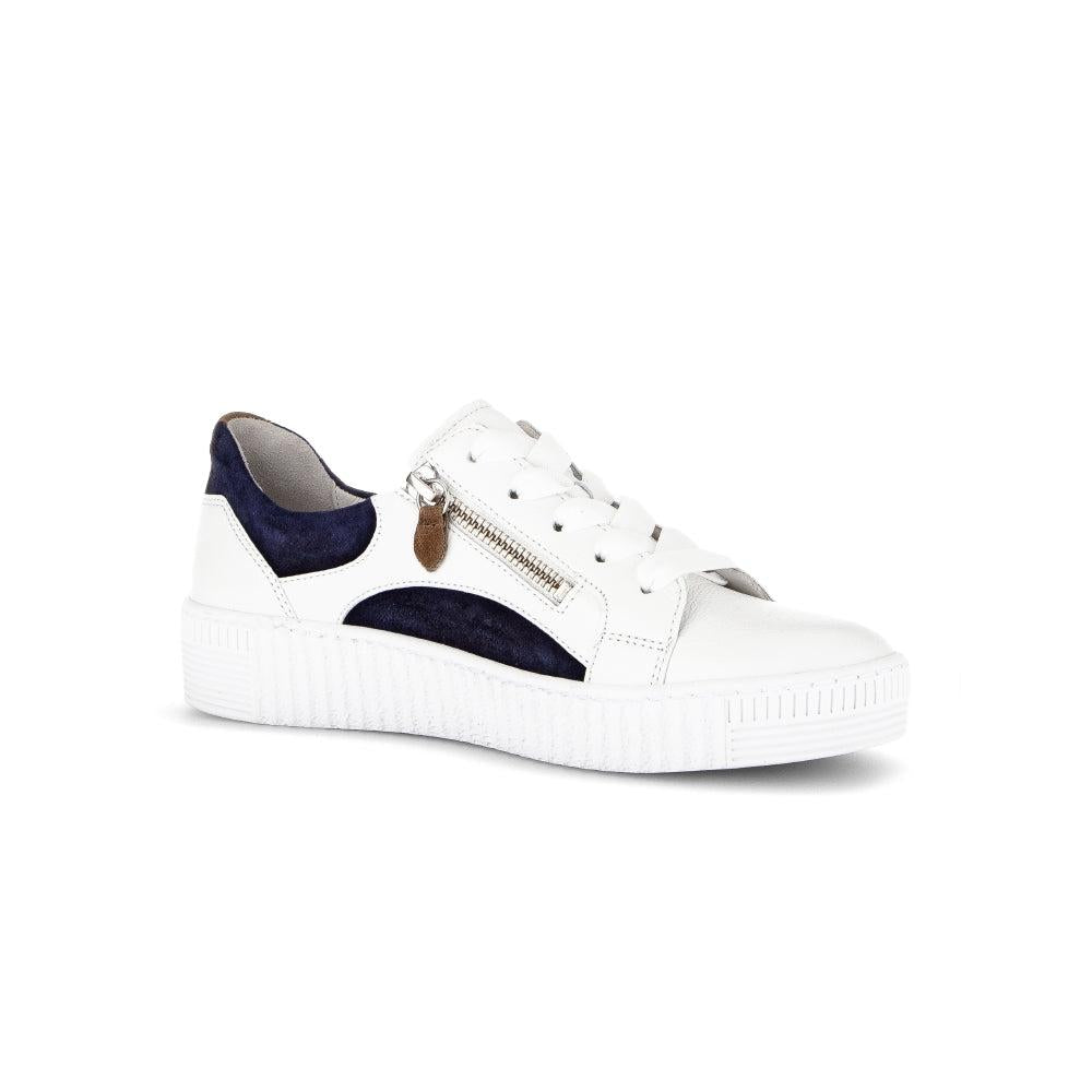 Gabor Wemo Ladies' multi leather sneakers with zip and lace-up front, white and navy color, chunky rubber sole.