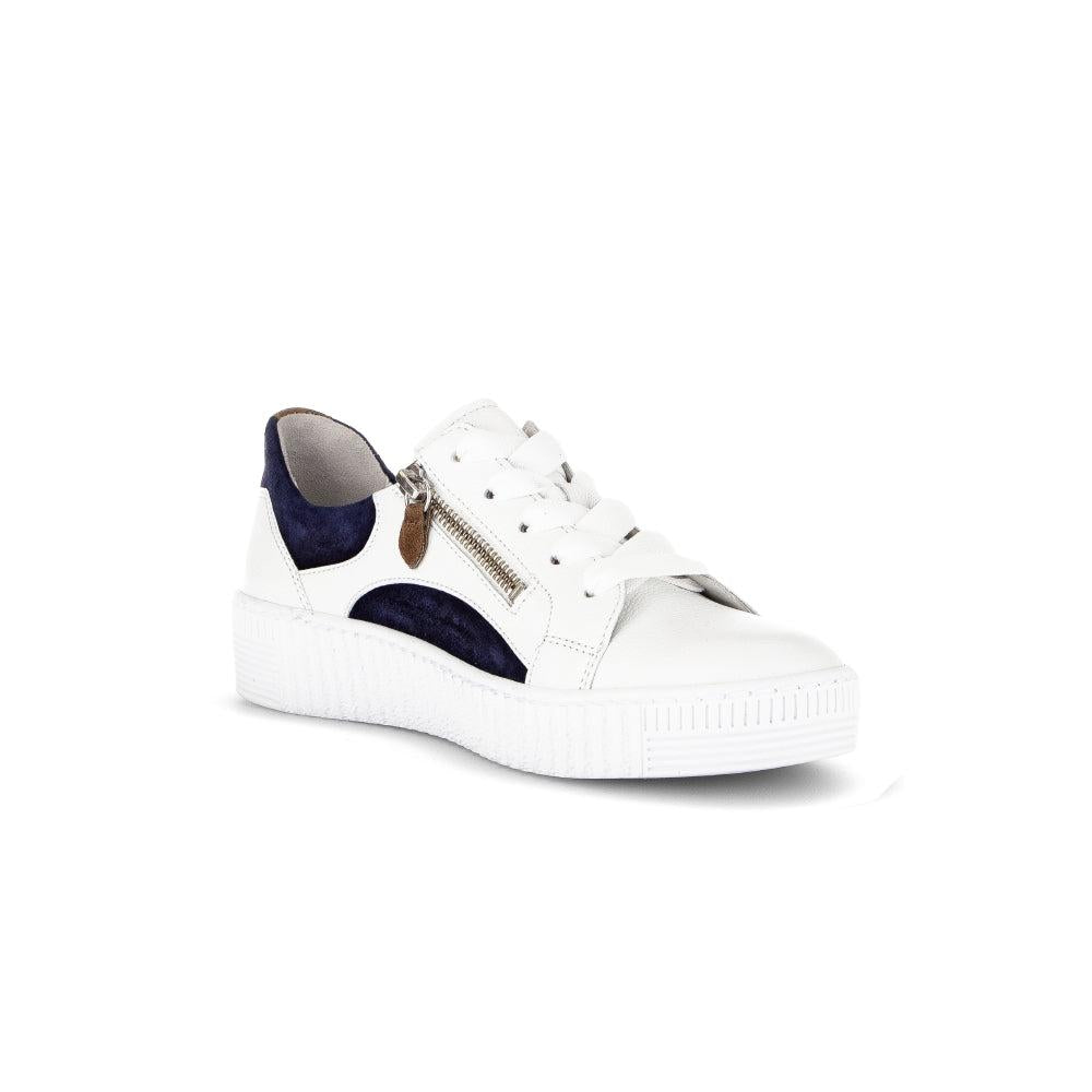 Gabor Women's leather sneakers with zip and lace detail, white with navy and grey accents, chunky sole, stylish and casual.