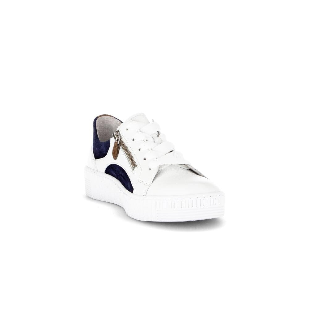 Gabor Wemo Ladies Multi Leather Zip & Lace Trainers with white sole, navy accents, and zipper detail.