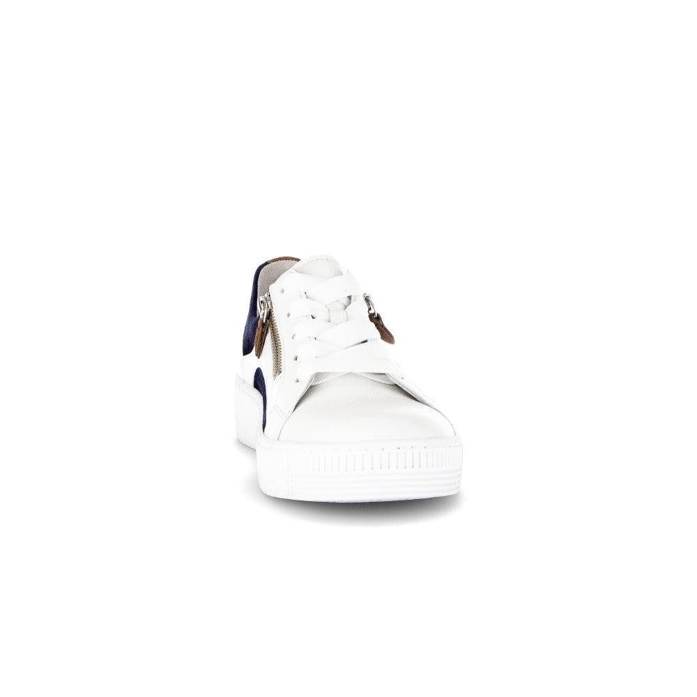 Gabor Wemo Ladies Multi Leather Zip & Lace Trainers, white with navy and brown accents, stylish and comfortable footwear.