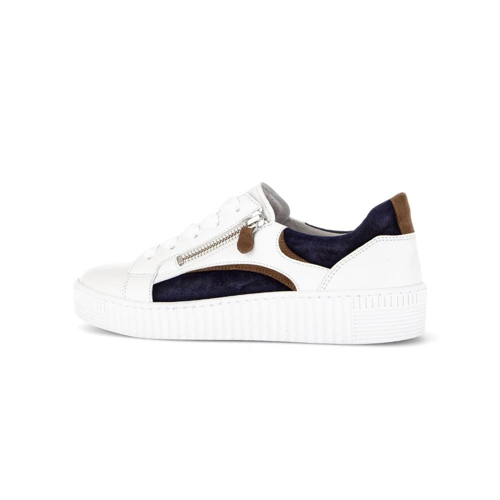 Gabor 63.330.20 Wemo ladies' multi leather zip and lace trainers with navy and brown accents and a chunky white rubber sole.