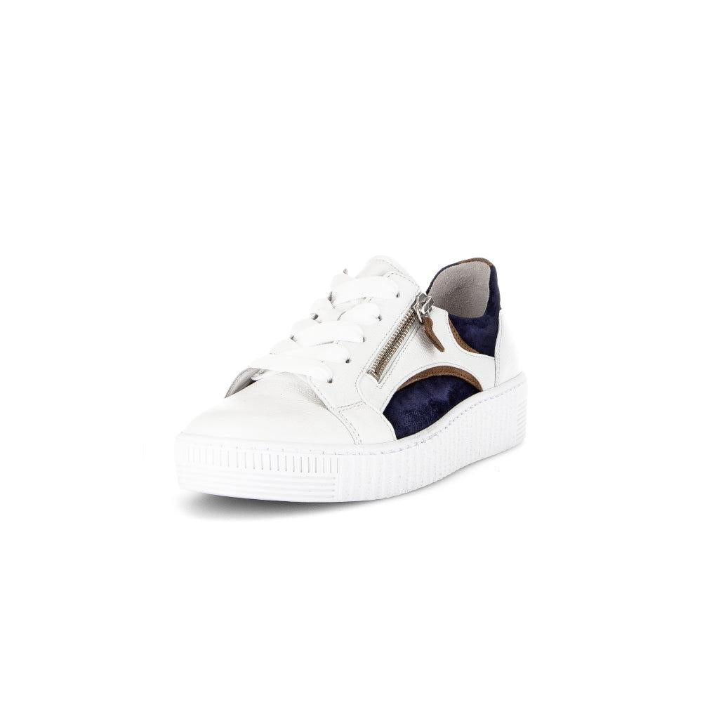 Gabor Wemo Ladies' multi leather trainers with zipper, lace-up design, and white sole, featuring navy and brown accents.