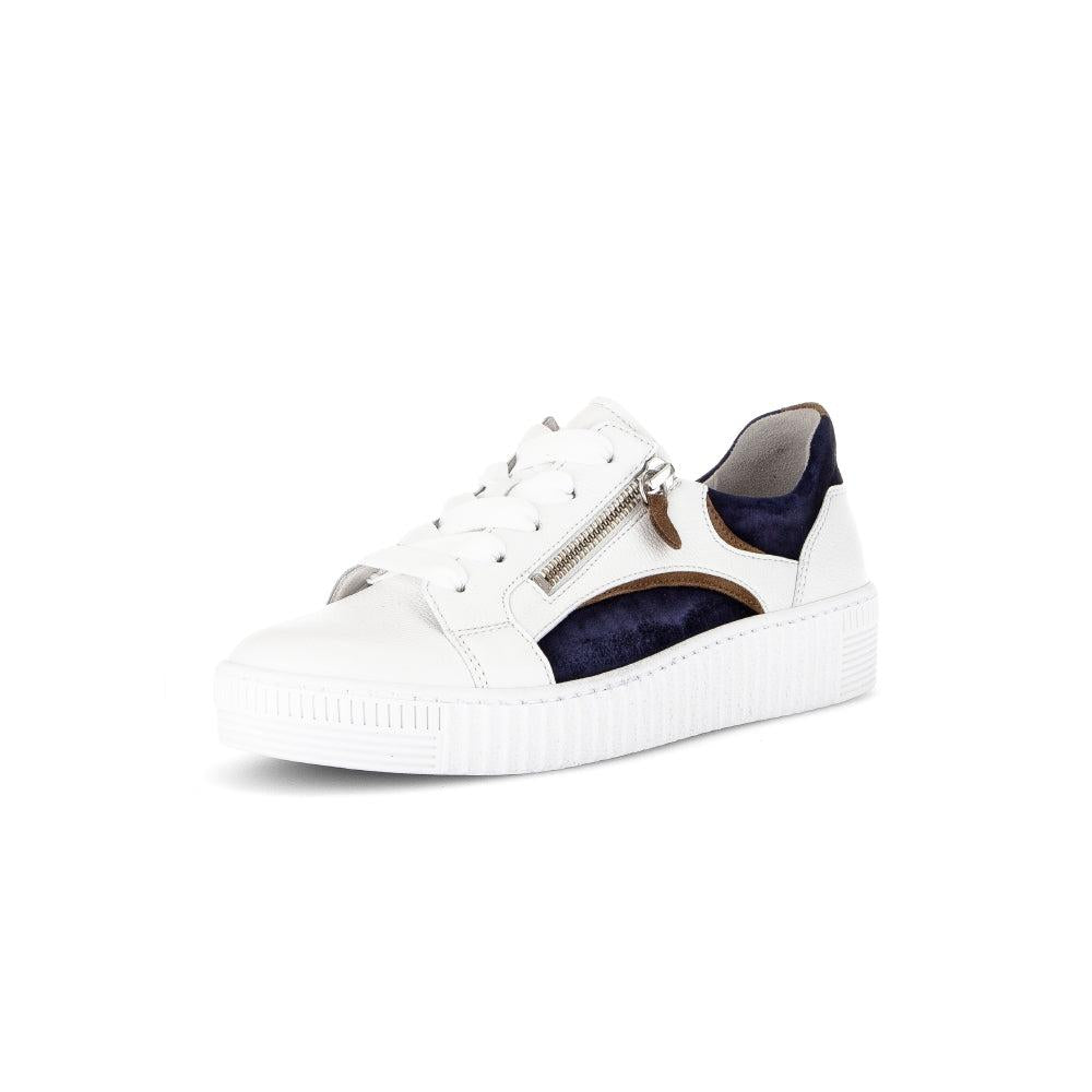 Gabor 63.330.20 Wemo ladies' multi leather sneakers with zip, lace-up design, white sole, and navy and brown accents.
