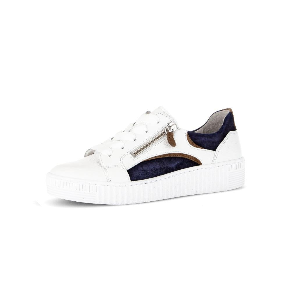 Gabor Wemo Ladies' white leather sneakers with navy and brown accents, featuring lace-ups and a side zipper for easy wear.