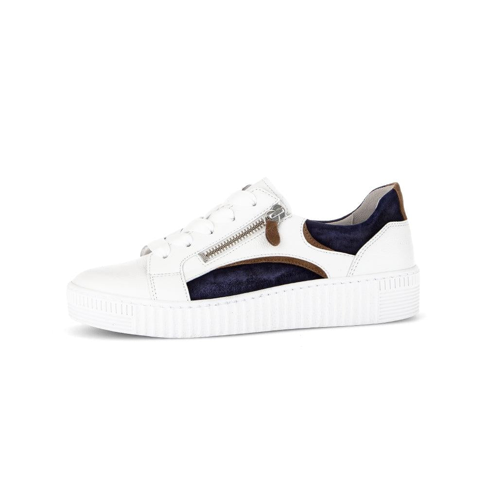 Gabor Wemo Ladies Multi Leather Zip & Lace Trainers with white, navy, and brown accents, platform sole, and zipper detail.