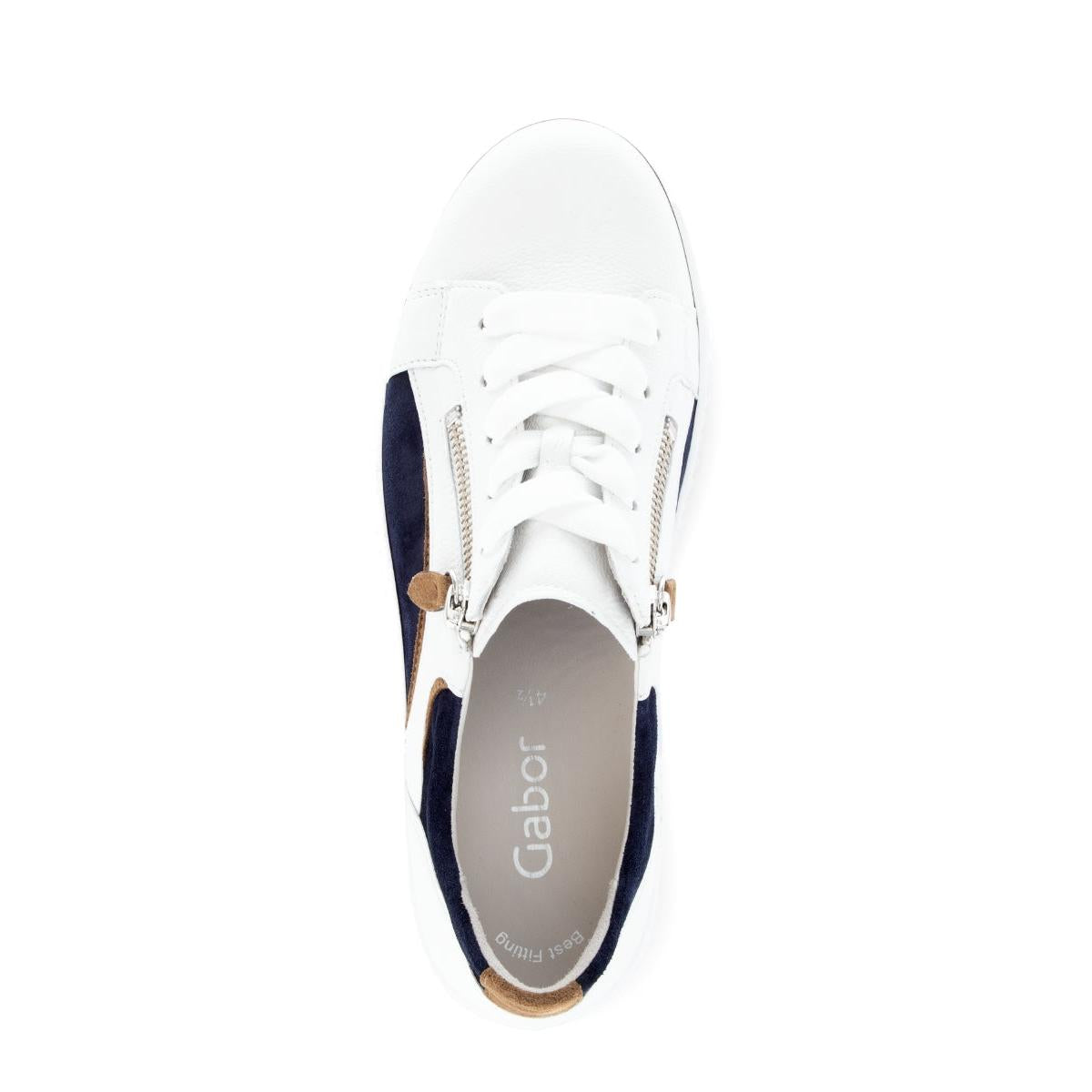 Gabor women's leather trainers with zip and lace-up closure, white and navy color, cushioned insole, stylish and comfortable footwear.