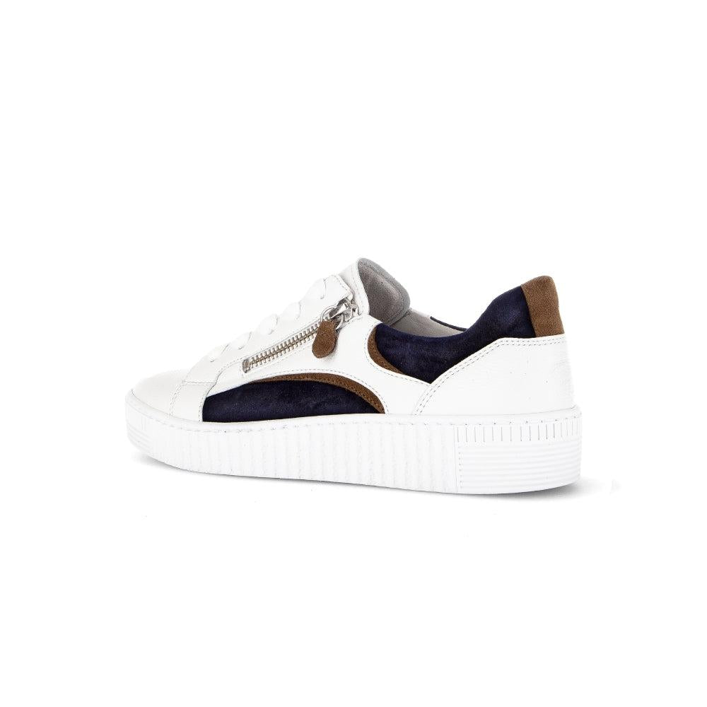 Gabor Wemo Ladies' multi leather zip and lace trainers with white sole, navy and brown accents.