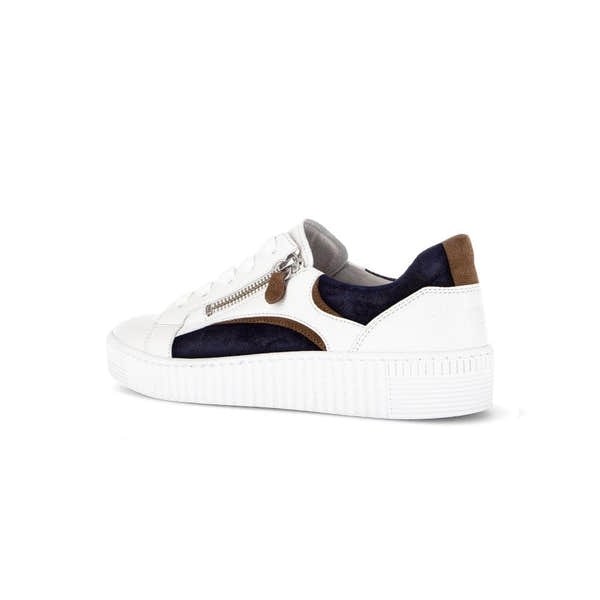 Gabor Wemo Ladies' multi leather zip and lace trainers with white sole, navy and brown accents.
