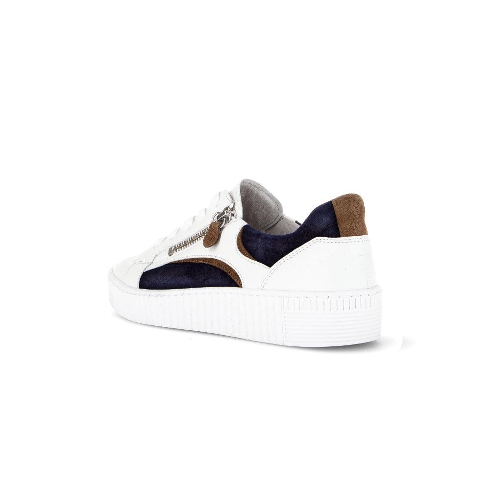 Gabor Wemo Ladies Multicolored Leather Zip & Lace Trainers with white sole, navy and brown accents, and zipper detail.