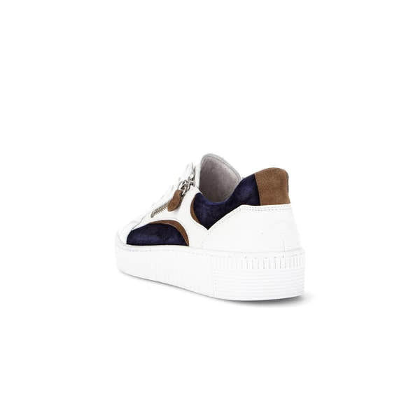 Gabor Wemo Ladies Multi Leather Zip & Lace Trainers with white sole, navy, brown, and grey accents.